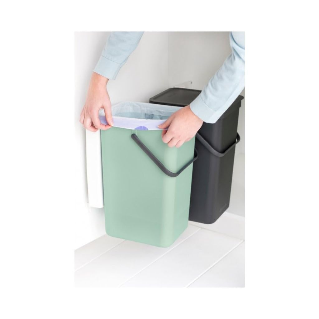 Brabantia Sort & Go Built-in Cupboard Recycling Cans (2 x 4.2 Gal/Dark Gray & Jade Green) Double Door Mounted Trash Organisers with Handles & Removable Lids