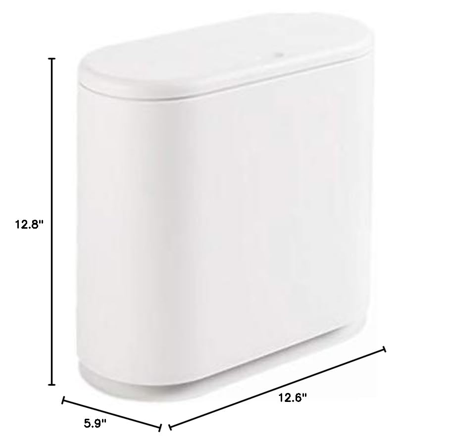 IEEK 12 Liter Rectangular Plastic Trash Can with Press Top Lid,White Modern Wastebasket Thin Trash Cans,3.2 Gallon Garbage Container Bin for Bathroom,Bedroom,Kitchen,Office and Powder Room