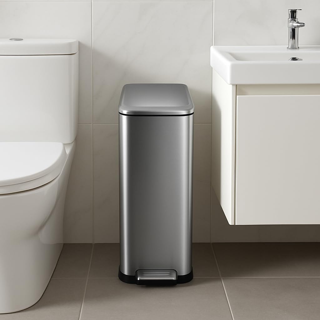 Garvee 13 Gallon Kitchen Trash Can, Stainless Steel Step Garbage Bin with Soft-Close Lid & Removable Bucket, Fingerprint Proof, Slim for Narrow Spaces, Bathroom or Office