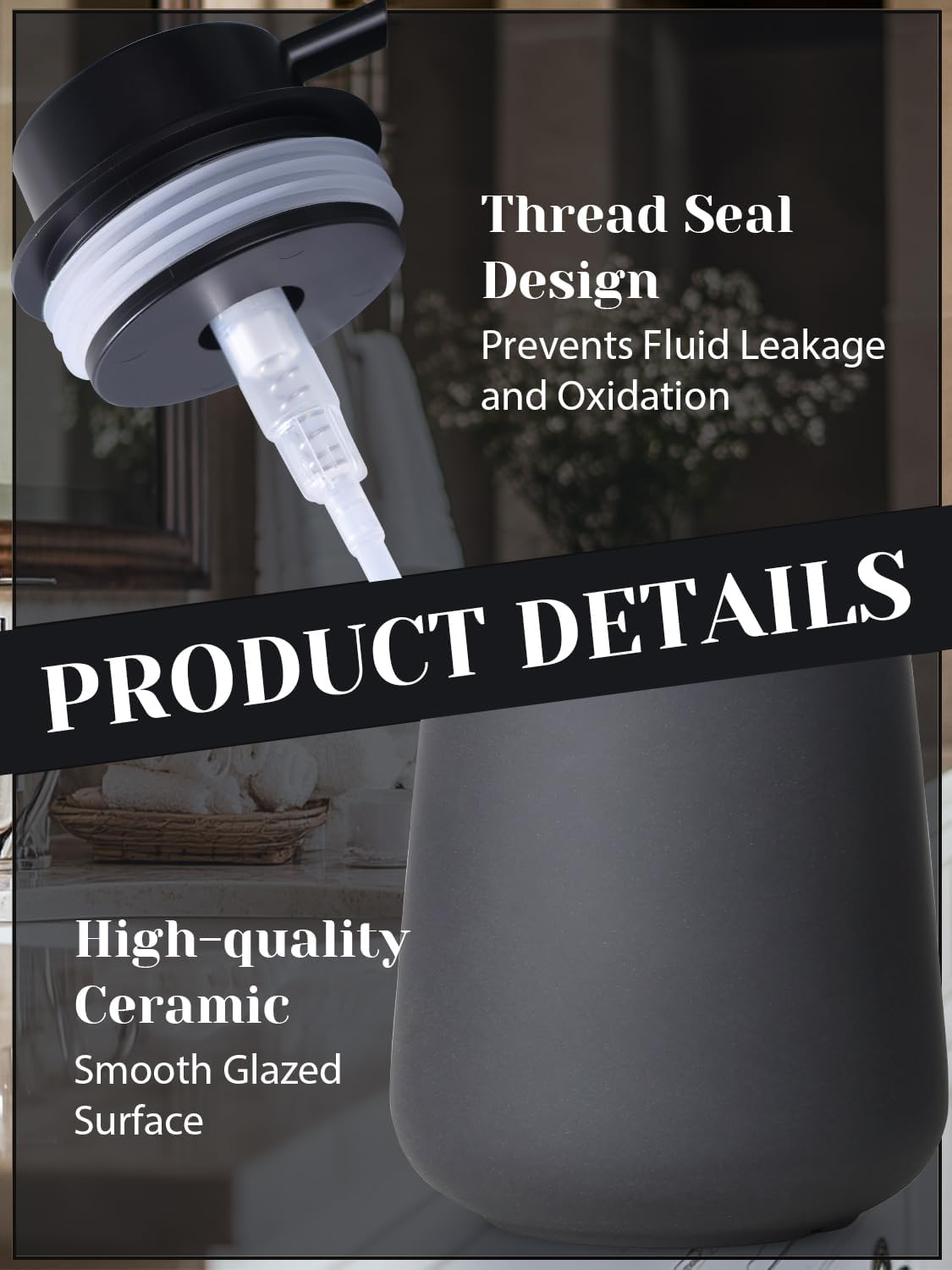 INGOFIN Ceramic Lotion Dispenser - 12oz Refillable Hand Soap Dispenser Bathroom, Modern Liquid Soap Dispenser with Pump, Dish Dispenser for Kitchen, Matte Grey