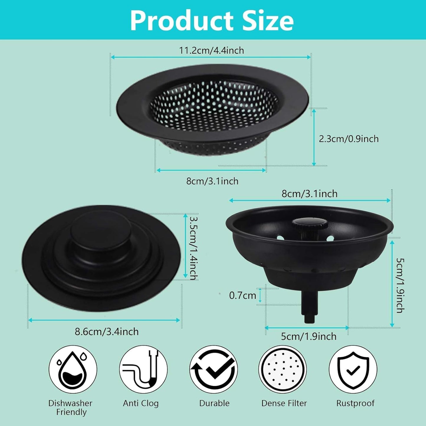 3 PCS Kitchen Sink Stopper Strainer,Anti-Clogging Stainless Steel Sink Disposal Stopper, Garbage Disposal Plug, Perforated Basket Drain Filter Sieve or Keep Water for Standard Kitchen Sink Drain,Black