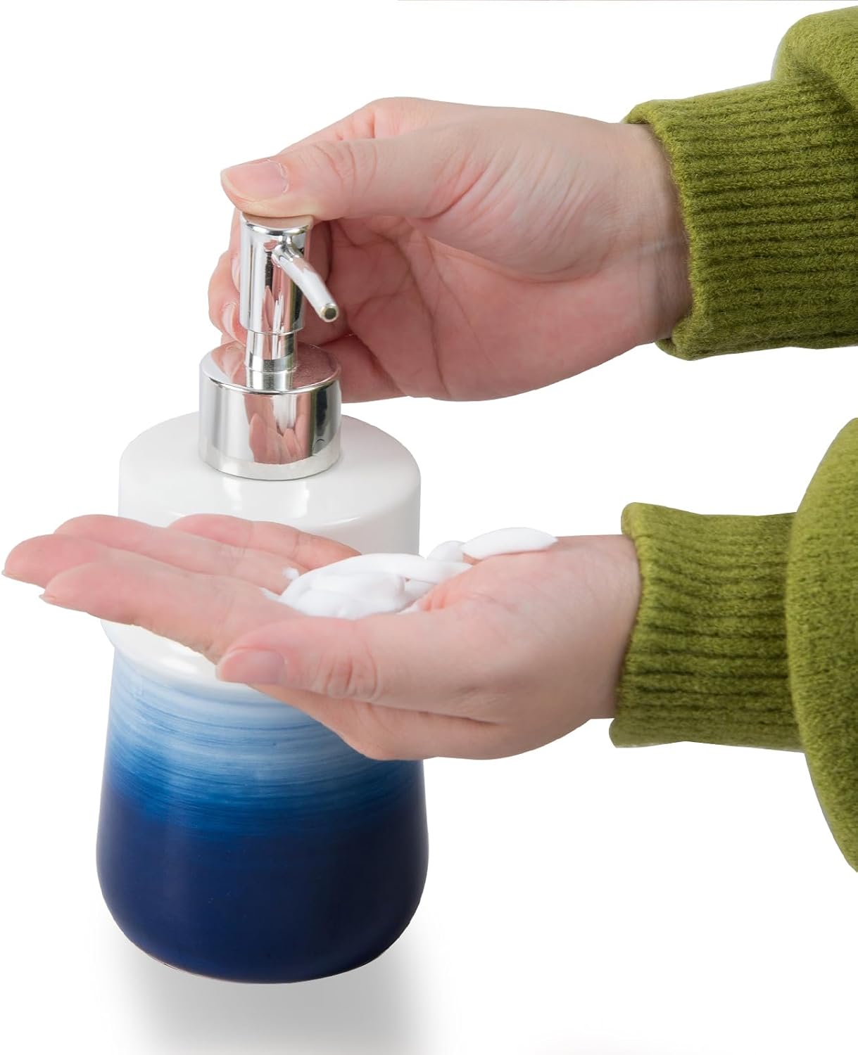 Navy Blue Ceramic Soap Dispenser for Kitchen, Refillable Hand Dispenser with Rust Proof Stainless Steel Pump, 12Oz Lotion Dispenser Bathroom for Dish Soap, Hand soap.