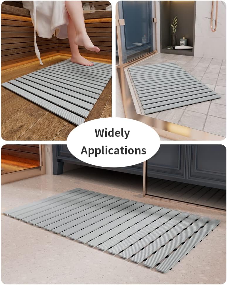 PADOOR Shower-Mat Non Slip, Heavy Duty Bathtub-Mat Curlable Quick Drain Sturdy Bath Tub Mat Without Suction Cups for Indoor Outdoor Use 17x36 Inch Grey
