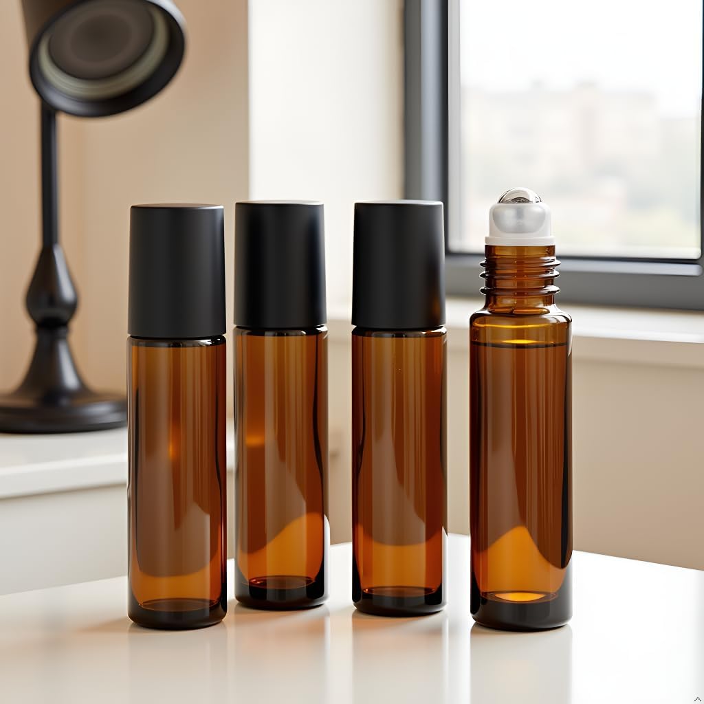 4 Pack 10ml Oil Essential Stainless Roller Bottles, Refillable Amber Glass Roller Bottles for Travel, Perfume and Lip Gloss with Steel Roller Balls and Caps