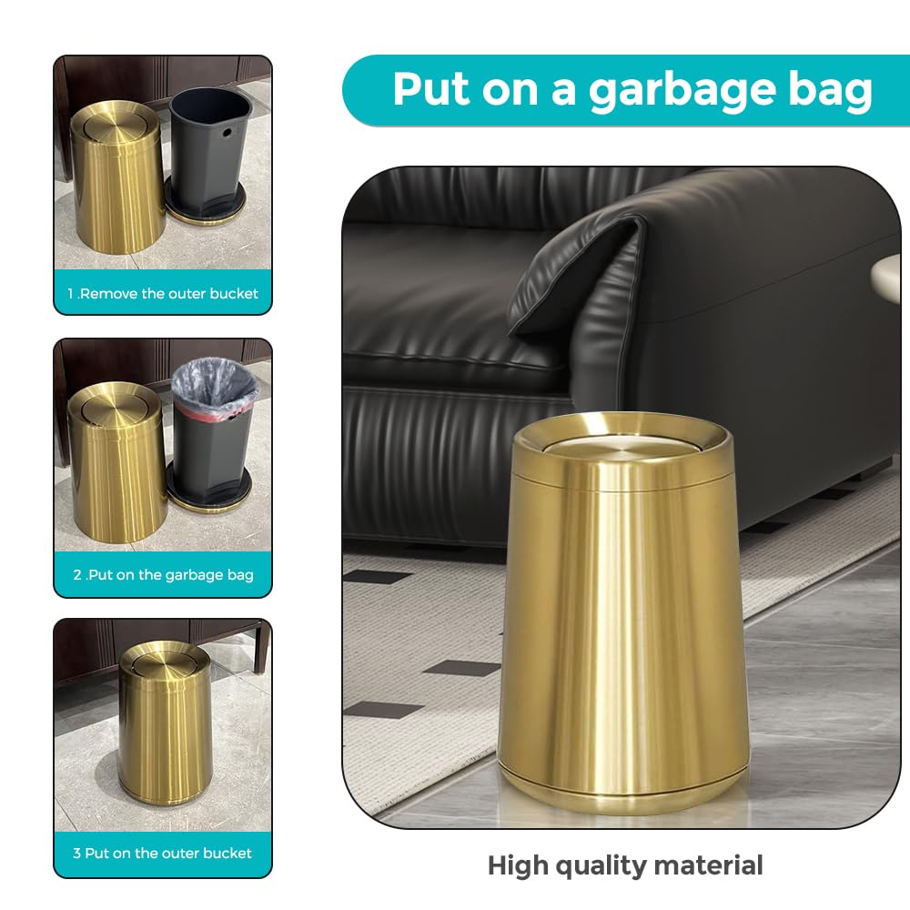 8L / 2.1Gal Gold Brushed Stainless Steel Trash Can with Swing Cover,Gold Bathroom Trash can ,Decorative Garbage Can for Bathroom, Living Room, BedroomOffice, Hotel, RV (32A gold-8L)