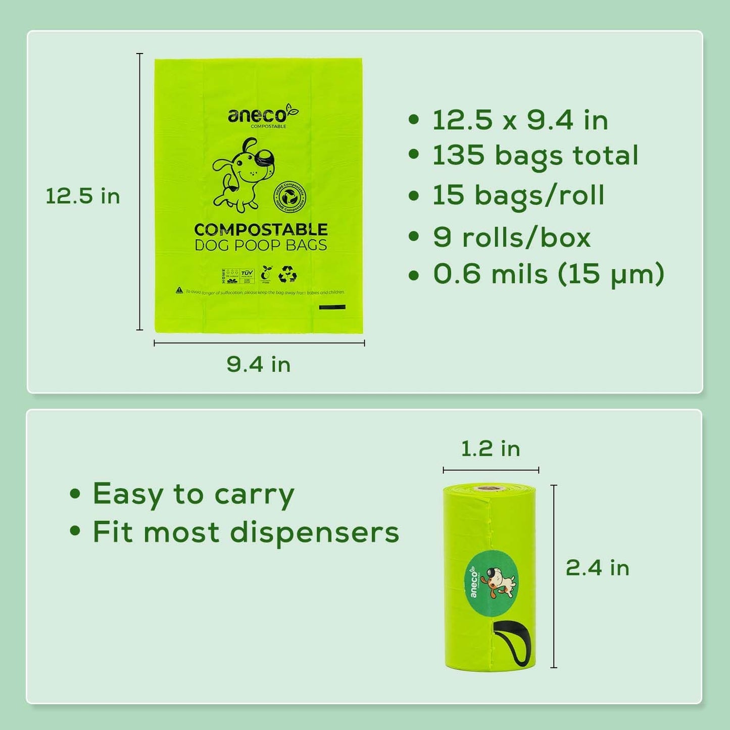 ANECO 100% Certified Home Compostable Dog Poop Bags (135 Count/9 Rolls), Large Poop Bags for Dogs & Cats, Extra Strong & Leak-proof Pet Waste Bags, California
