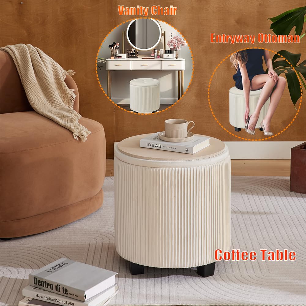 Big Round Ottoman with Storage Set of 2,Upholstered Velvet Vanity Stool for Makeup Multifunctional Foot Rest Coffee Table Padded Seat Tufted Ottomans for Living Room&Bedroom(White)