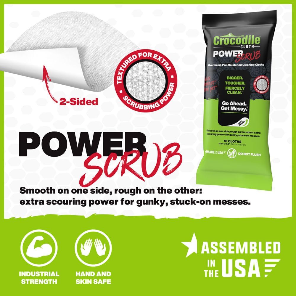 Crocodile Cloth PowerSCRUB Cleaning Wipes – 10 (15" x 10") Dual-Surface Cloths, Heavy-Duty, Moist, Absorbent, & Disposable - Safe on Skin & Multiple Surfaces