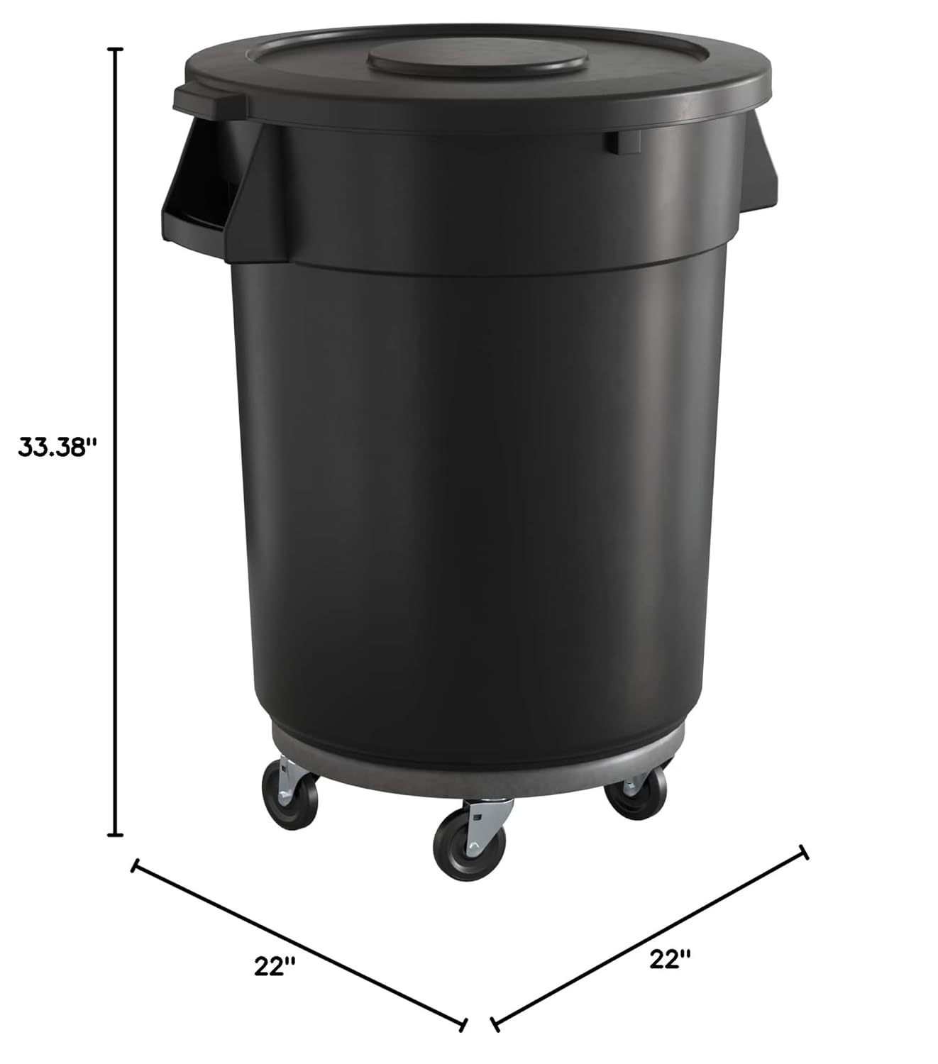 32 Gallon Black Round Commercial Trash Can with Lid and Dolly