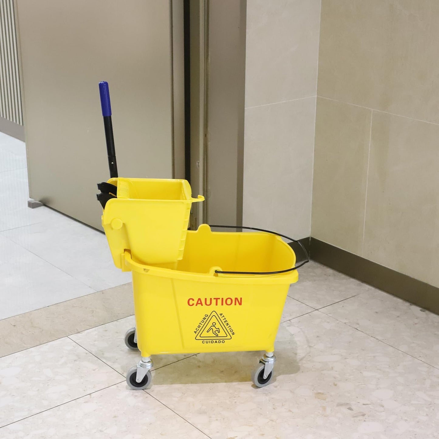 Commercial Mop Bucket with Side Press Wringer on Wheels, Including One Commercial Mop, 35 Quart, Yellow