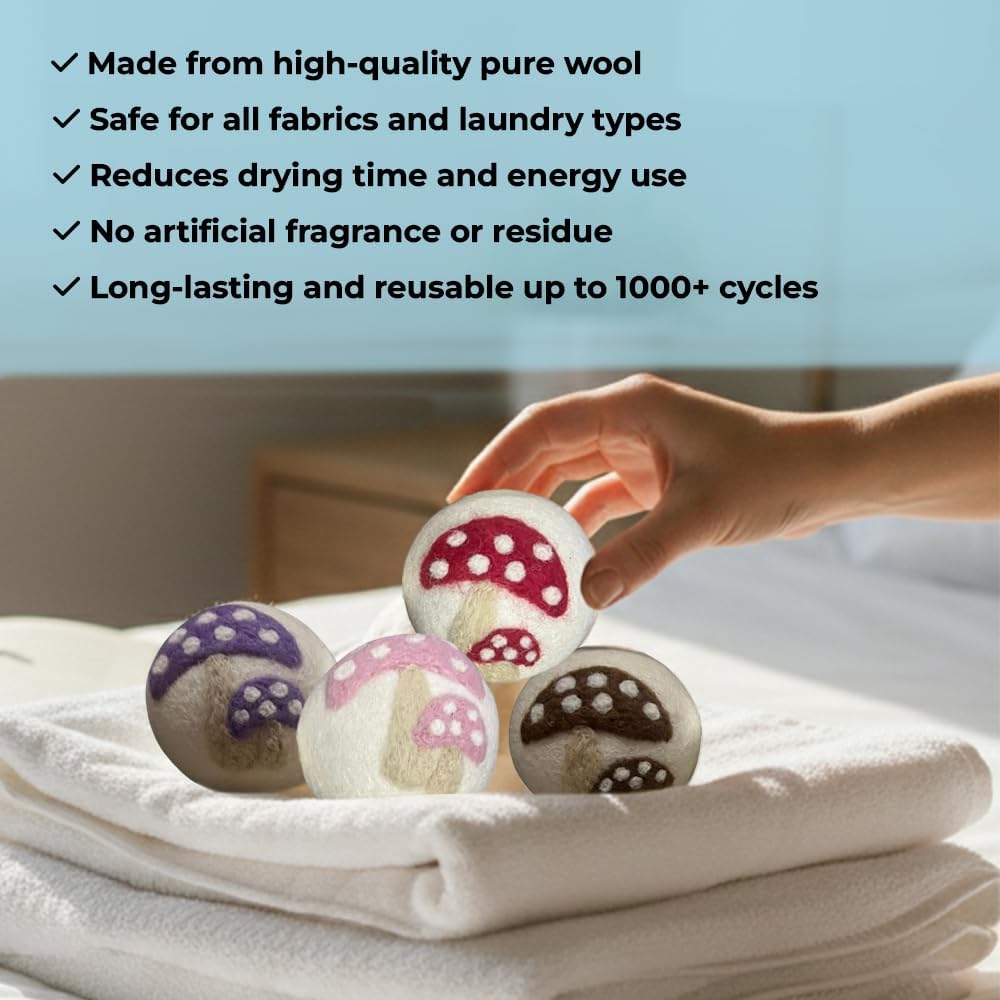 Ezhippie Quality Wool Dryer Balls - 6 XL Mushroom Pack - 1000+ Loads - Pure Organic Wool - Reusable Natural Fabric Softener Perfect with Essential Oils, Reduce Clothing Static and Wrinkles