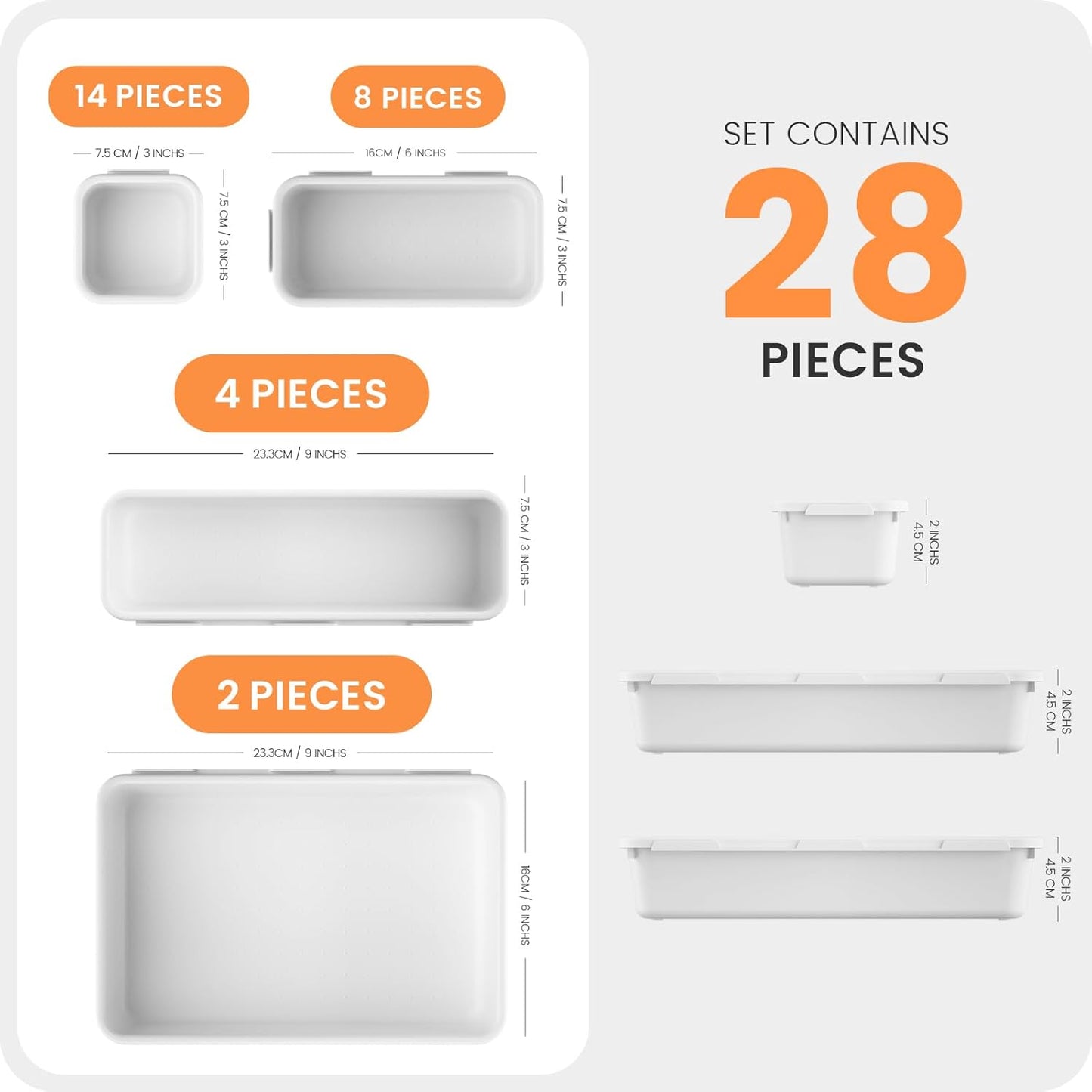 A-LuGei 【28PCS】 Drawer Organizer, Bathroom Organizers and Storage, Makeup organizer, Desk drawer organizer, Storage Bins for Kitchen Office Bedroom Vanity Jewelry Pantry Garage【White】【4Size】