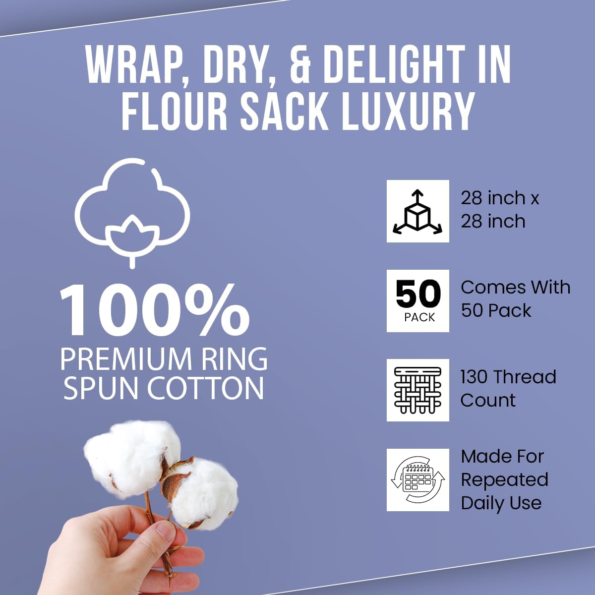 WHITEWRAP Flour Sack Towels| Tea Towel for Crafts| Kitchen Dish Cotton Blank Towel for Embroidery|Baking Bread Proofing Linen Cover| Thick Absorbent Quick Dry| 50Pack 28"x28" Natural