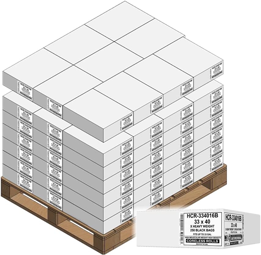 Aluf Plastics 33 Gallon Black Trash Bags (250 Count) - 33" x 40" - 16 Micron Equivalent High Density Value Garbage Bags for Bathroom, Office,Municipal(1 Pallet of 70 Cases, 17500 Bags Total)