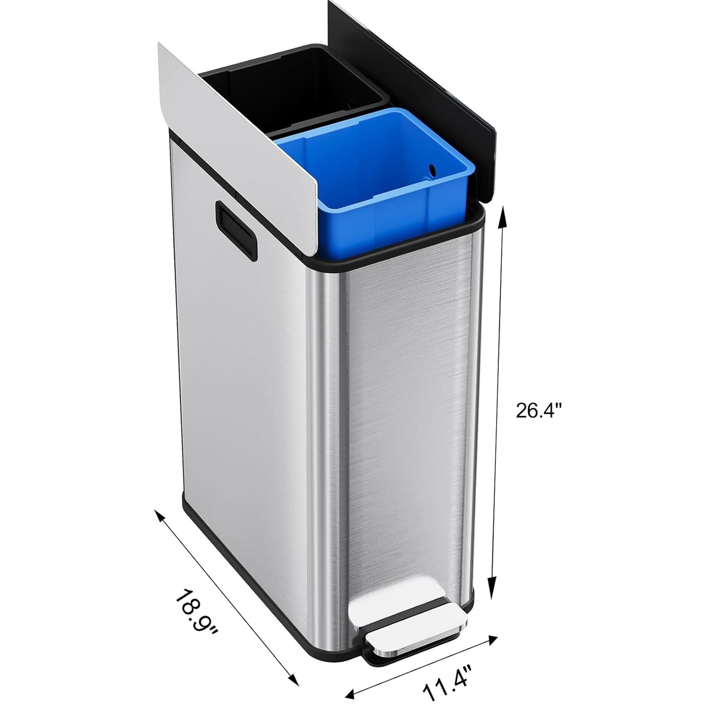 14.8 Gallon / 56L Kitchen Trash Can with Wing Lid, 2 x 7.4Gal Dual Compartments Slim Stainless Steel Garbage Can with 2 Removable Inner Buckets, Fingerprint-Proof Step Rubbish Bin With Soft-Close Lid