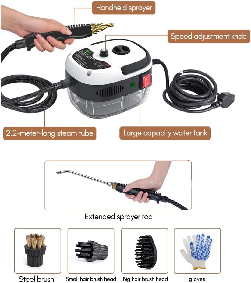 Decdeal Steam Cleaner - 2500W High Temperature Pressurized Handheld Steam Cleaning Machine with Brush Heads and Gloves, for Car Floors Kitchen Furniture Bathroom Windows
