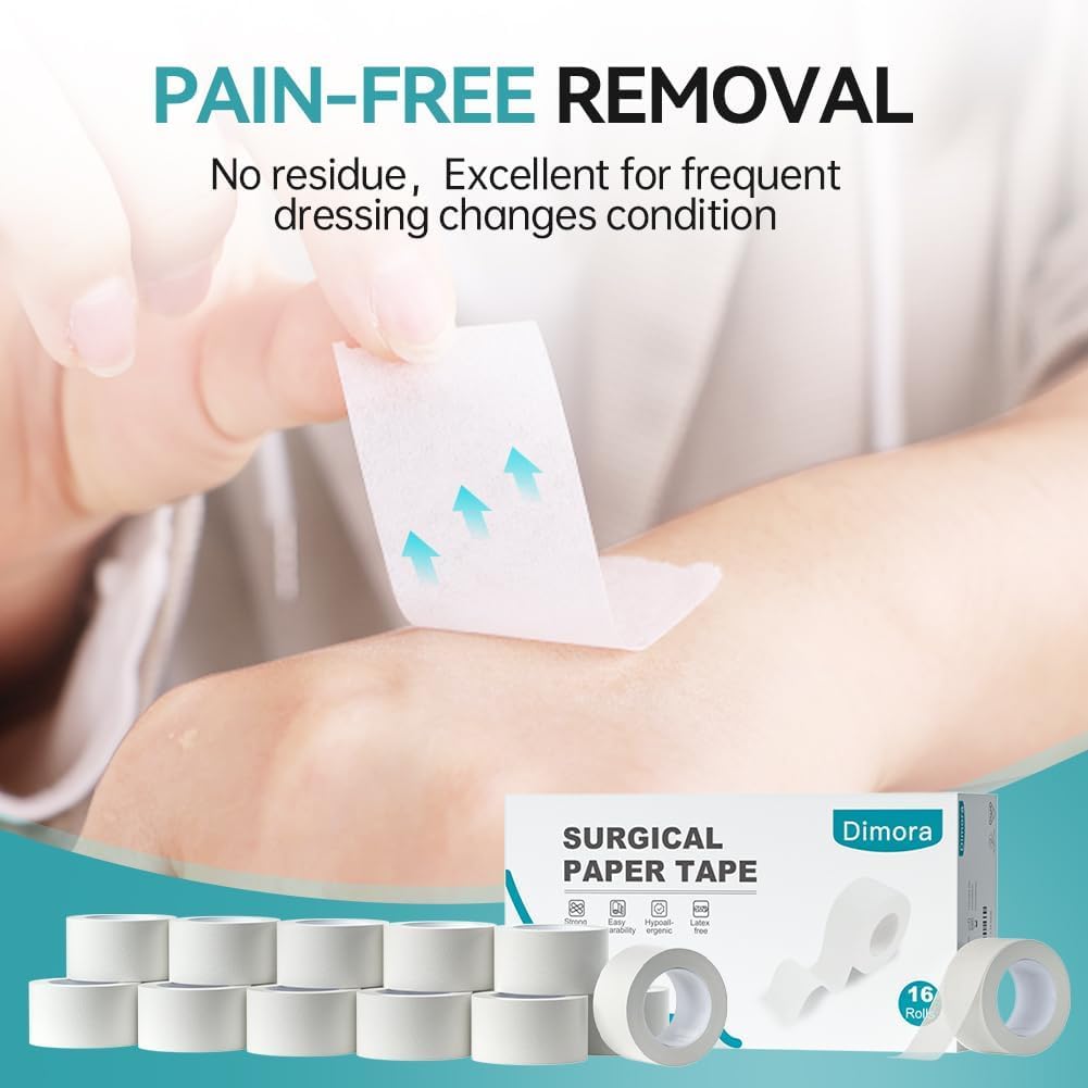 Dimora Paper Medical Tape 16 Rolls- Hypoallergenic White Surgical Tape for Sensitive Skin,Breathable First Aid Wound Tape with Pain-Free Removal,Secures Dressing and Medical Devices -1" x 10 Yards
