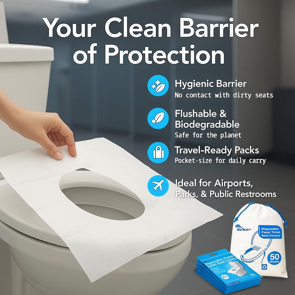Disposable Toilet Seat Covers Flushable XL 50 Pack – Adults & Kids Potty Training Travel Toilet Seat Cover – 100% Biodegradable Public Restroom Protection for Airplane, Camping, Festivals