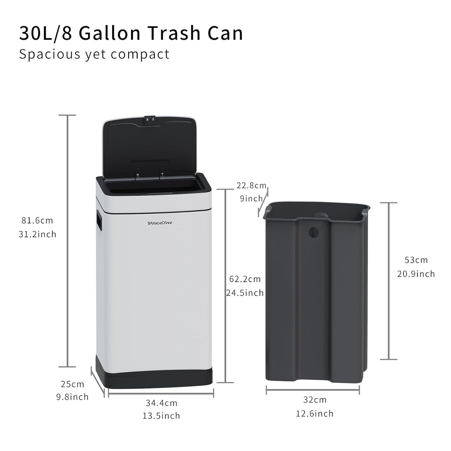 8Gallon/30L Brushed Stainless Steel Kitchen Trash Can with with Press Top Lid,Garbage Can with Inner Bucket(White)