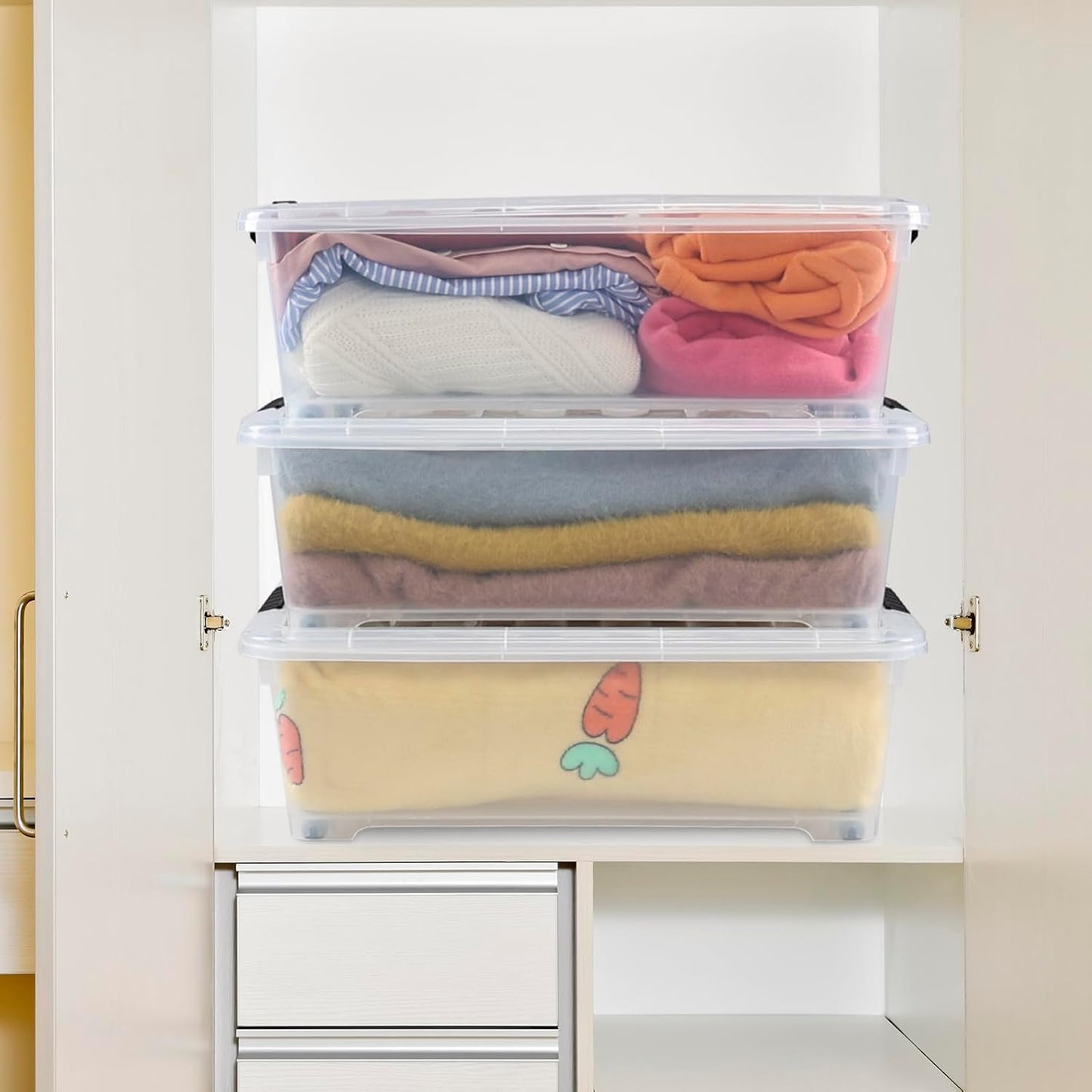 4 Packs 20 Quart Plastic Under Bed Storage Container with Lids and Wheels, Stackable and Nestable Organizer Bins, Flat Storage Box