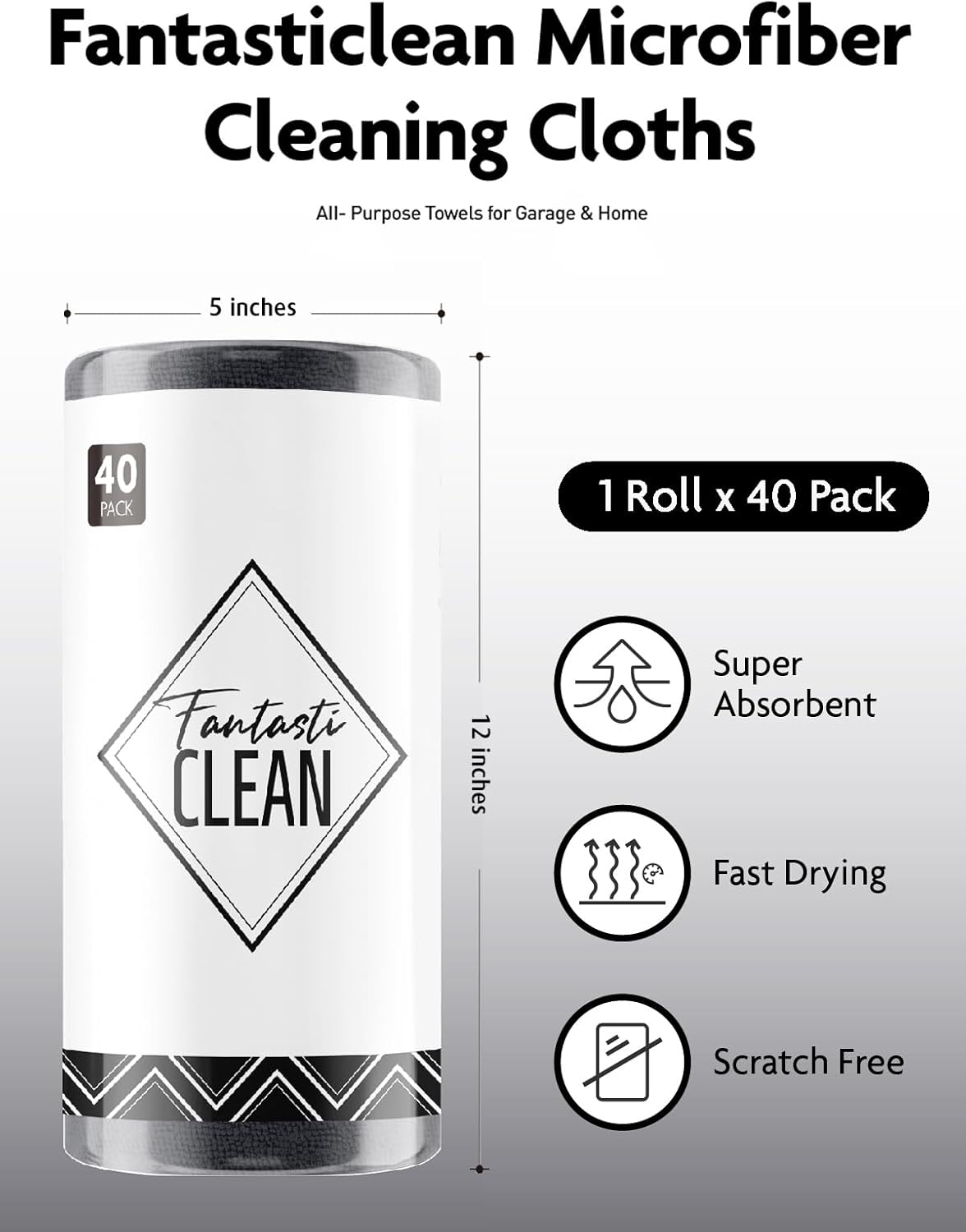 Fantasticlean Microfiber Cleaning Cloth Roll -40 Pack, Tear Away Microfiber Towels, 12" x 12", Reusable, Washable, Scratch Free, Ultra Absorbent for Car, Home Supplies, Shop (DimGrey)