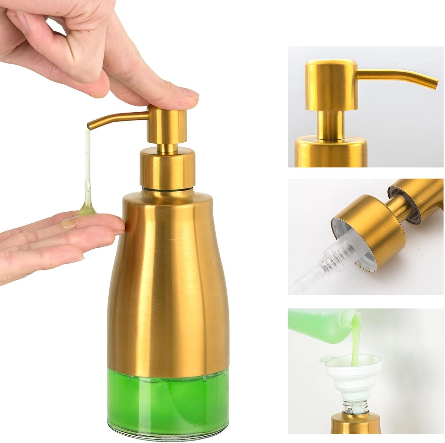Gaussra Soap Dispenser with Coaster and Stickers, Brushed Gold Stainless Steel Glass Hand Pump Dispenser, Anti Rust Bottle, for Kitchen & Bathroom Detergent Bottle,Refillable Hand Liquid Dispenser