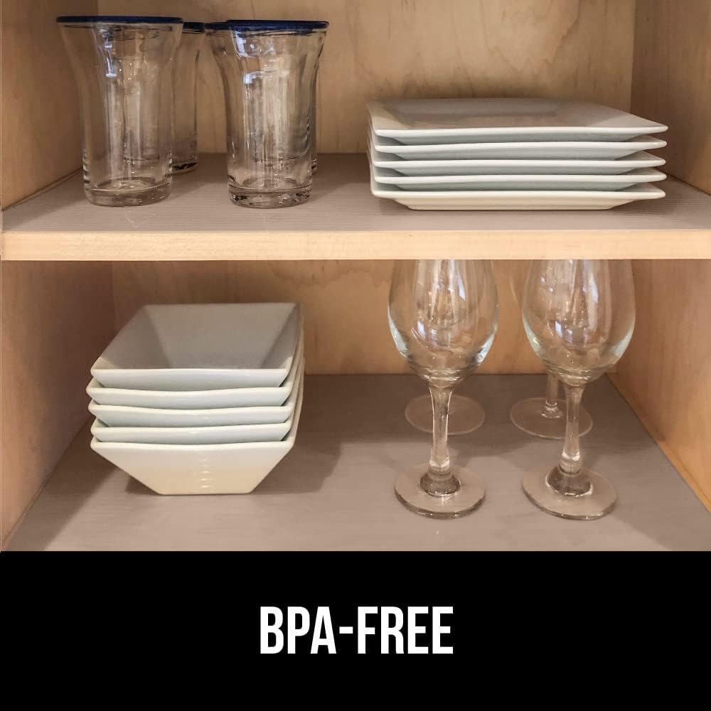 GORILLA GRIP DuraGuard Shelf Liner, Non-Adhesive Cabinet Liners for Kitchen Drawers, Shelves, Refrigerator, Pantry Storage, Bathroom Closet, Durable Waterproof BPA Free Ribbed Plastic, 17.5x10 Beige