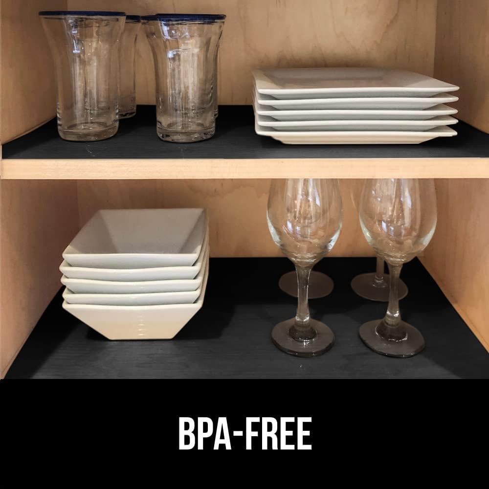 GORILLA GRIP DuraGuard Shelf Liner, Non-Adhesive Cabinet Liners for Kitchen Drawers, Shelves, Refrigerator, Pantry Storage, Bathroom Closet, Durable Waterproof BPA Free Ribbed Plastic, 12x10 Jet Black