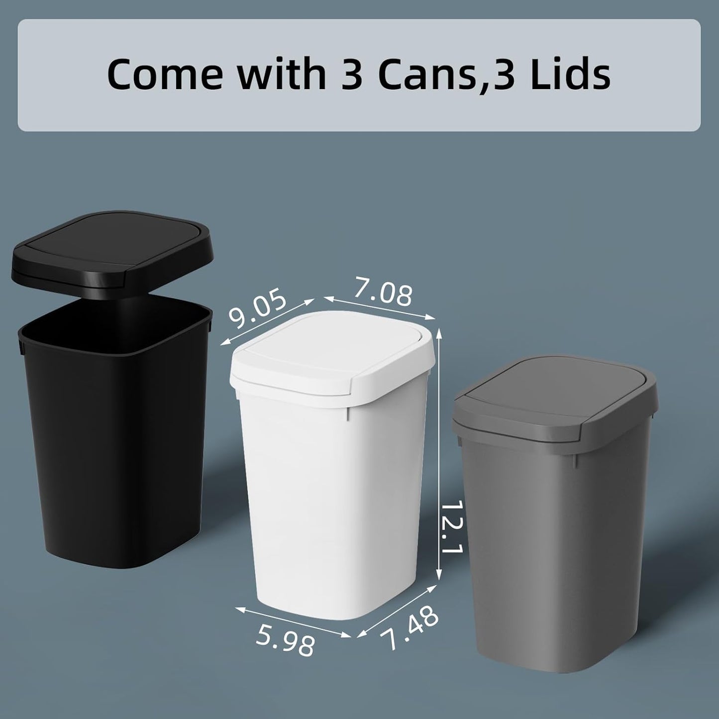 3 Pack Bathroom Small Trash Can with Lid, 2.6 Gallon Slim Garbage Bin with Pop-Up Lid, 10L Plastic Wastebasket for Bedroom, Office, Kitchen, Toilet (Three Colors)