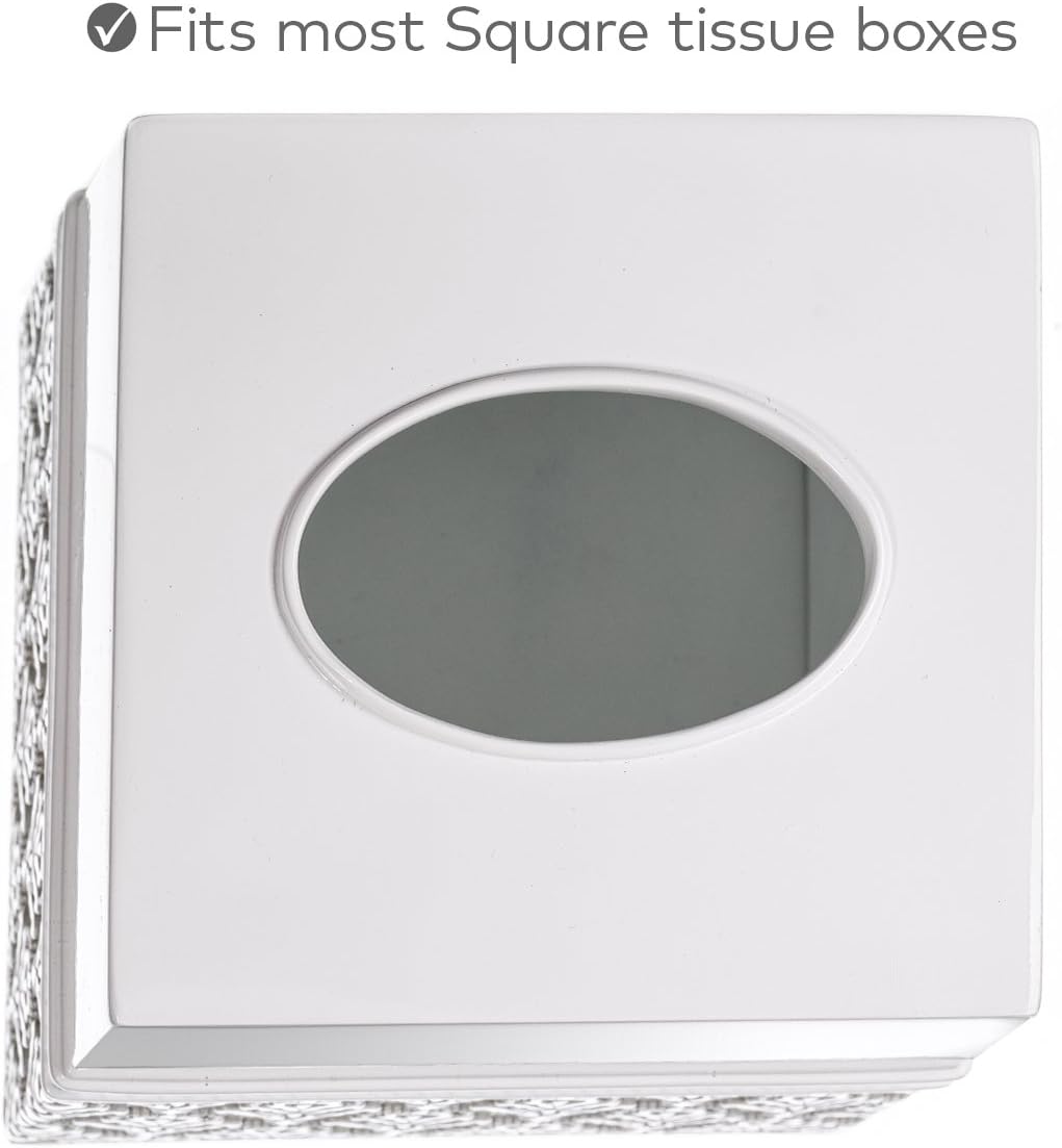 Creative Scents Mirror Damask Square Tissue Box Cover - Decorative Bathroom Tissues Paper Holder, Modern Napkins Container, Bottom Slider, for Cute Elegant Bathroom Decor (White & Gray)