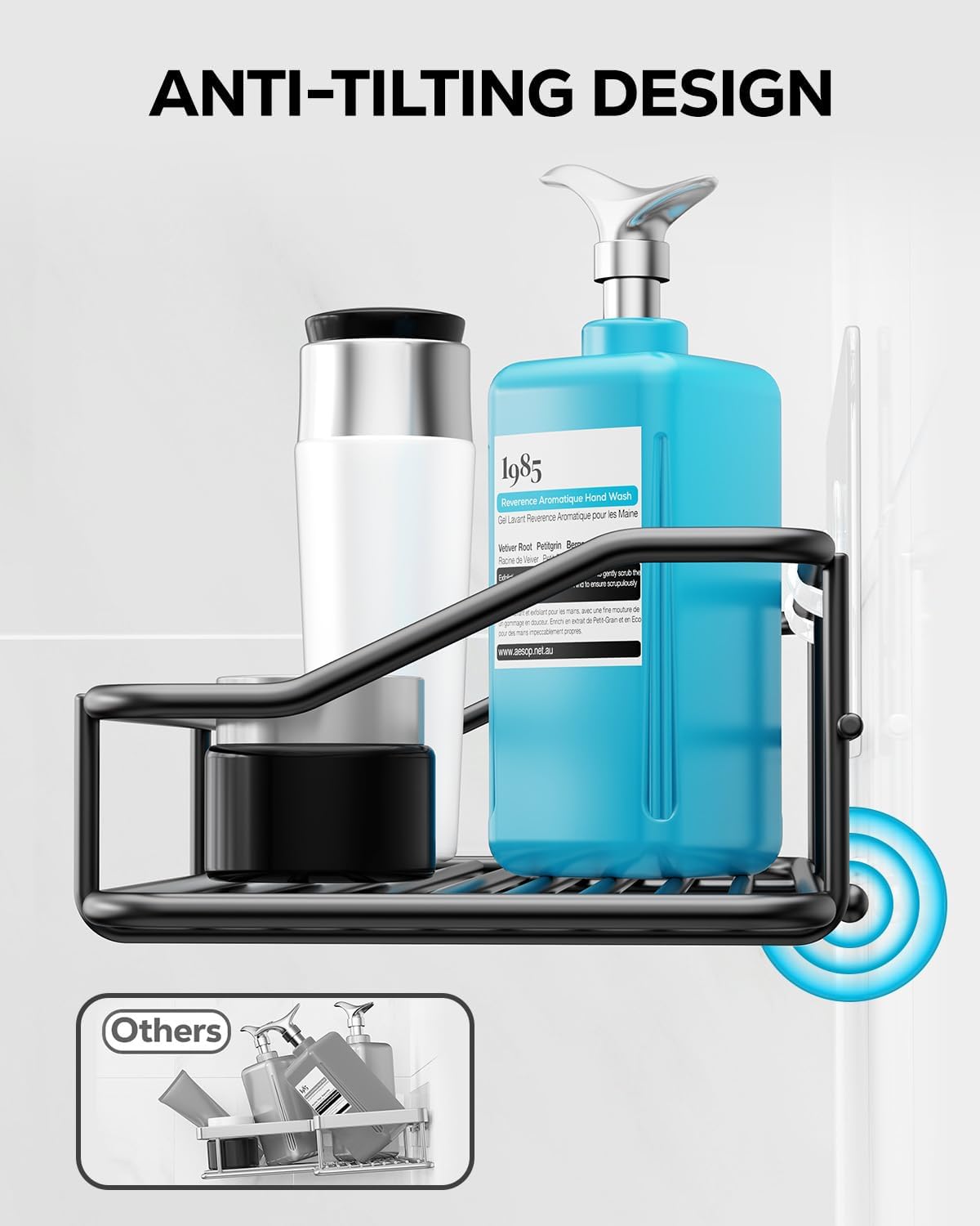 Nieifi Shower Caddy Shelf with Hooks Storage Rack Organizer Adhesive Stainless Steel Without Drilling for Bathroom, Lavatory, Washroom, Restroom, Shower, Toilet, Kitchen - 2 Pack (Black)