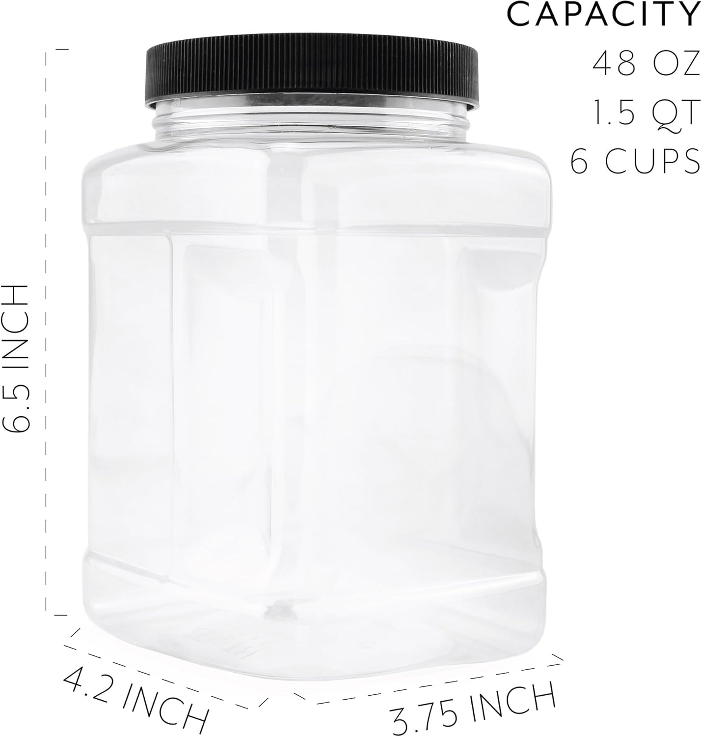 Cornucopia Brands 48oz Square Plastic Jars (3-Pack); Clear Rectangular 6-Cup Canisters w/Black Lids, Easy-Grip Side