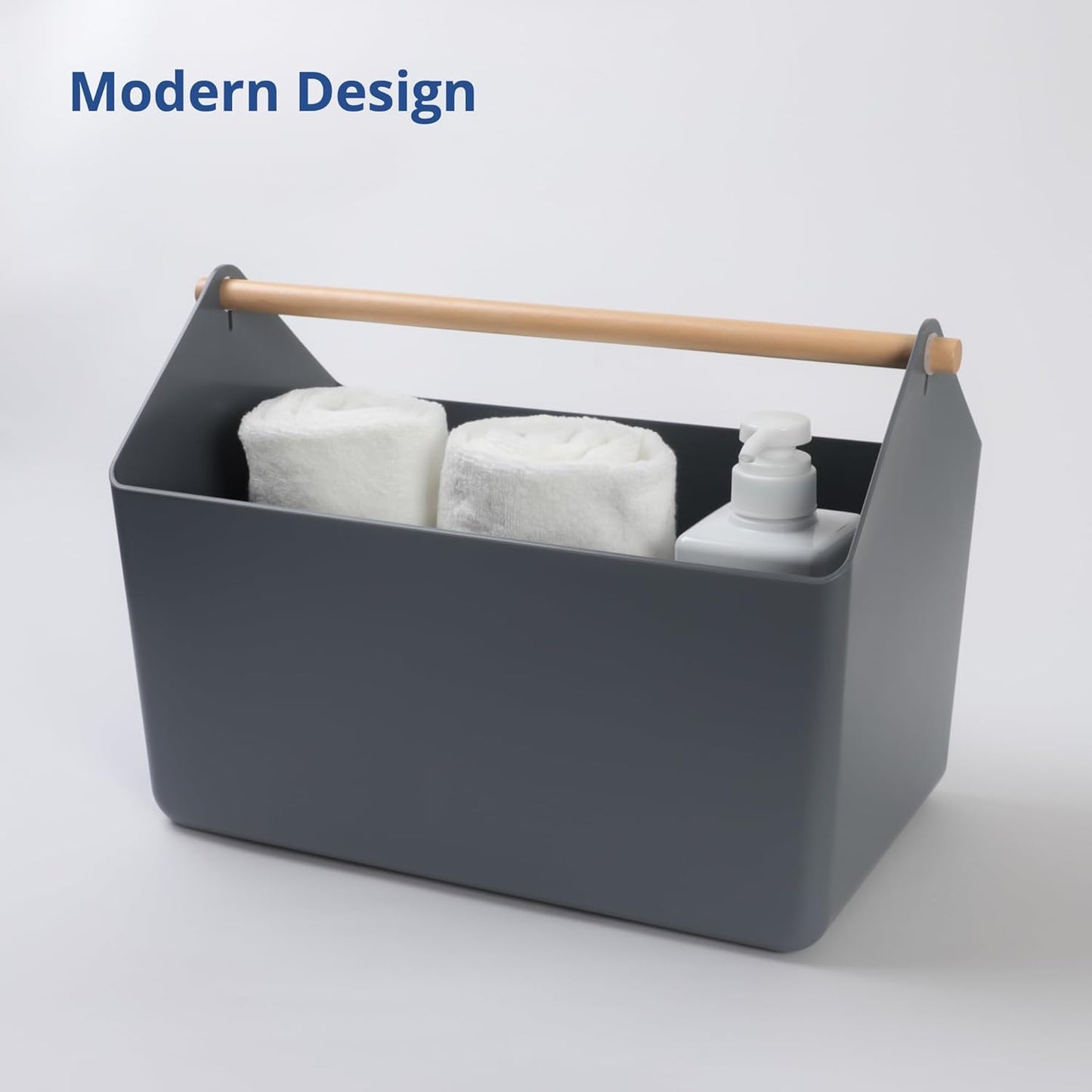 BLUE GINKGO Large Storage Basket – Plastic Caddy with Wooden Handle for Bathroom, Pantry, or Cleaning Supplies (Gray)