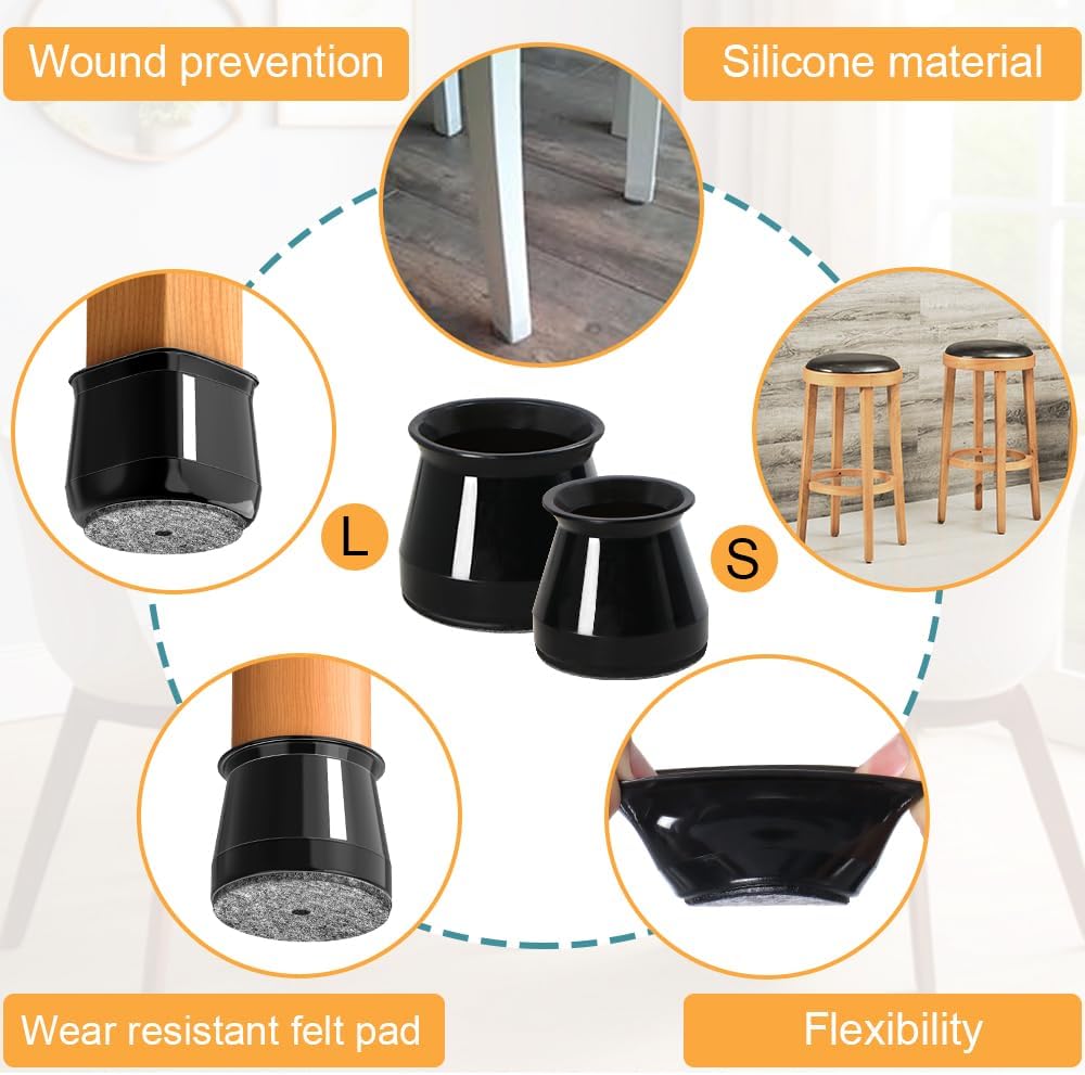 32 Pcs Chair Leg Protectors for Hardwood Floors, Silicone Felt Furniture Leg Cover Pad for Protecting Floors from Scratches and Noise, Smooth Moving,Large(Fit Round Diameter:1-5/16" to 2")