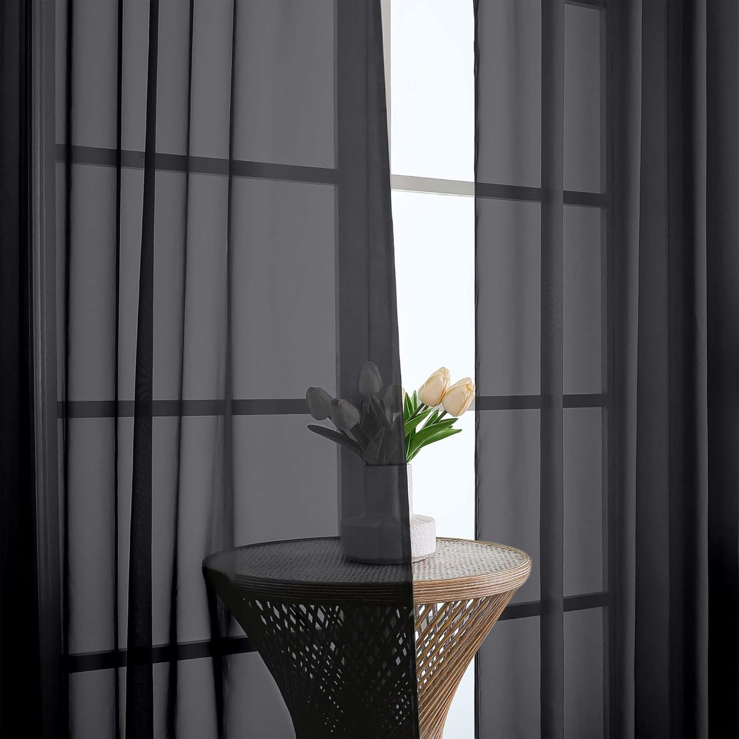 Chyhomenyc Black Sheer Curtains 84 Inches Long 2 Panels, Light Filtering Black Curtains for Living Room, Soft Gentle Voile Rod Pocket Bedroom Window Drapes, 59Wx84L Inch, 2PCS