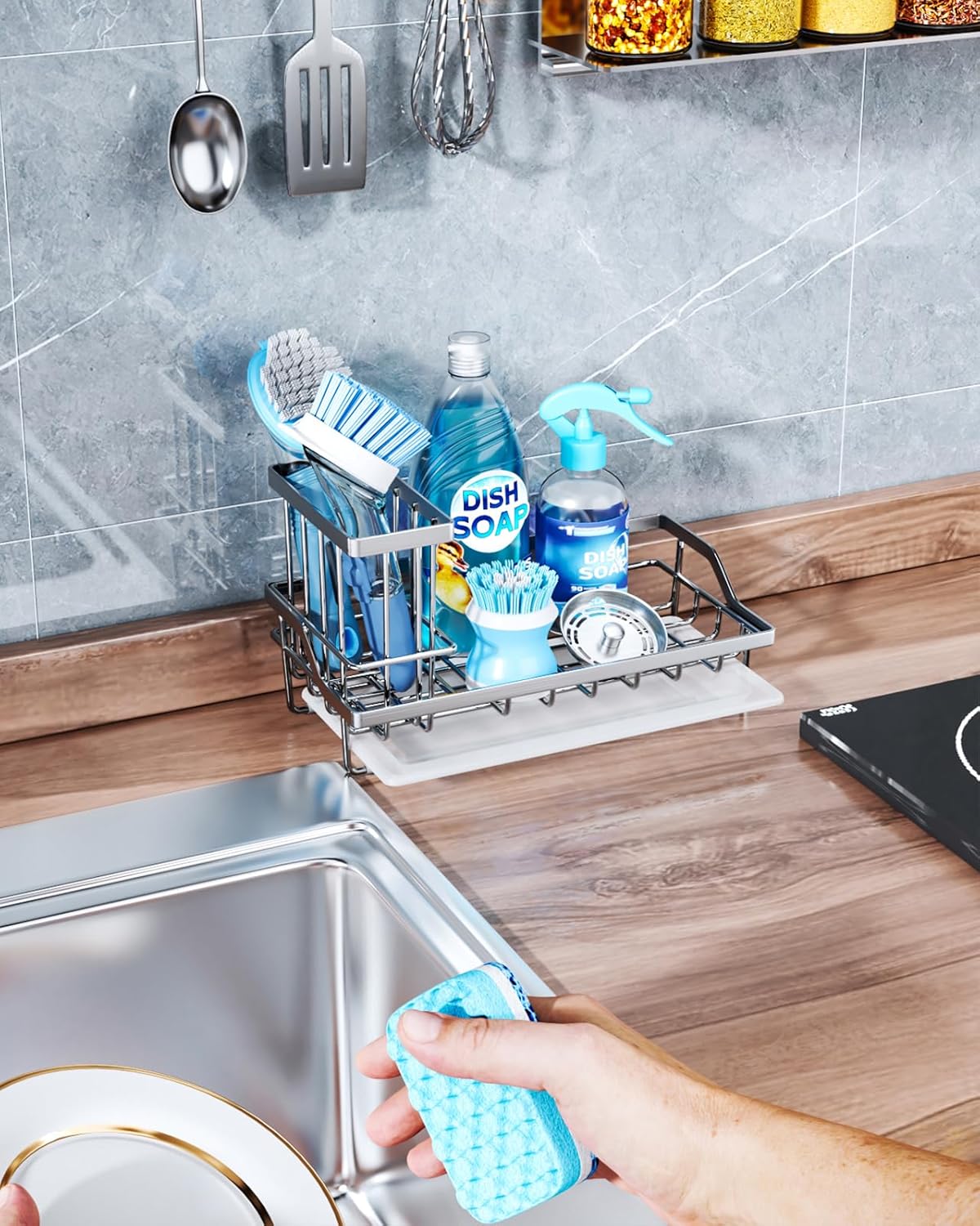 Consumest Sink Caddy, Kitchen Sponge Holder with Dish Brush Holder, Kitchen Sink Organizer with Drip Tray for Countertop Stainless Steel Rustproof, Silver-Large