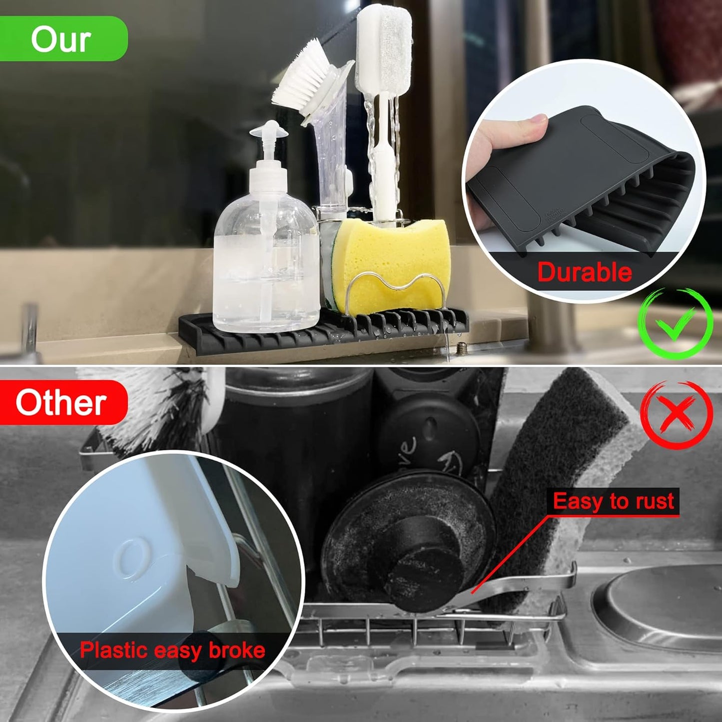 Gosmol Silicone Sponge Holder Rack Dish Soap Holder for Kitchen Counter, Waterproof Sponge Soap Tray for Kitchen Sink Bathroom, Multipurpose Sink Caddy Organizer for Soap Dispenser Black