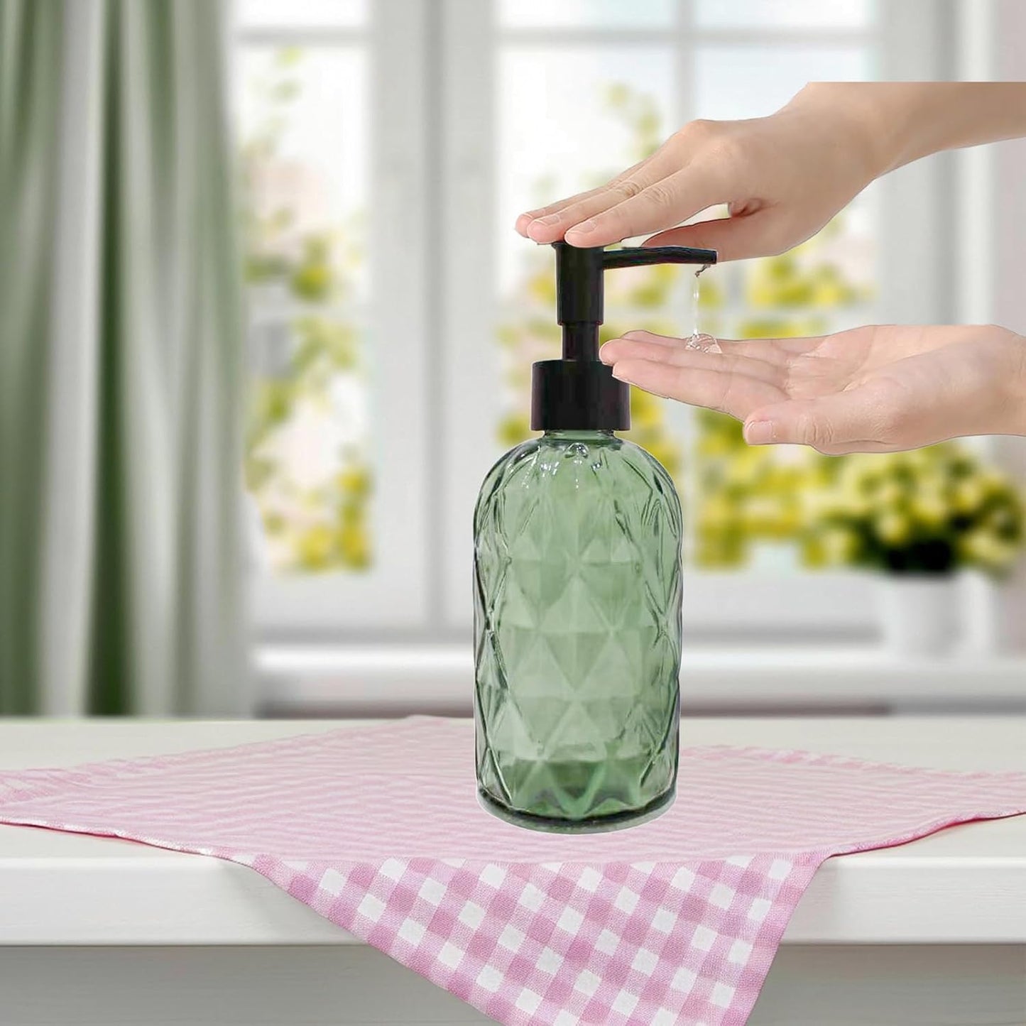 Green Glass Soap Dispenser with Black Plastic Pump, 12Oz Bathroom Clear Liquid Lotion Bottles Refillable Dish Dispensers with Diamond Design, Hand Dish Dispenser for Kitchen