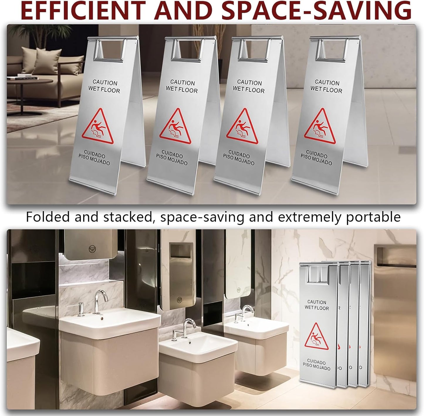 4 Pcs Stainless Steel Wet Floor Caution Sign, 24 Inch Portable Handle Bilingual Signaboard, Commercial Use Foldable Wet Floor Sign for Kitchen, Restaurant, Shop, Silver