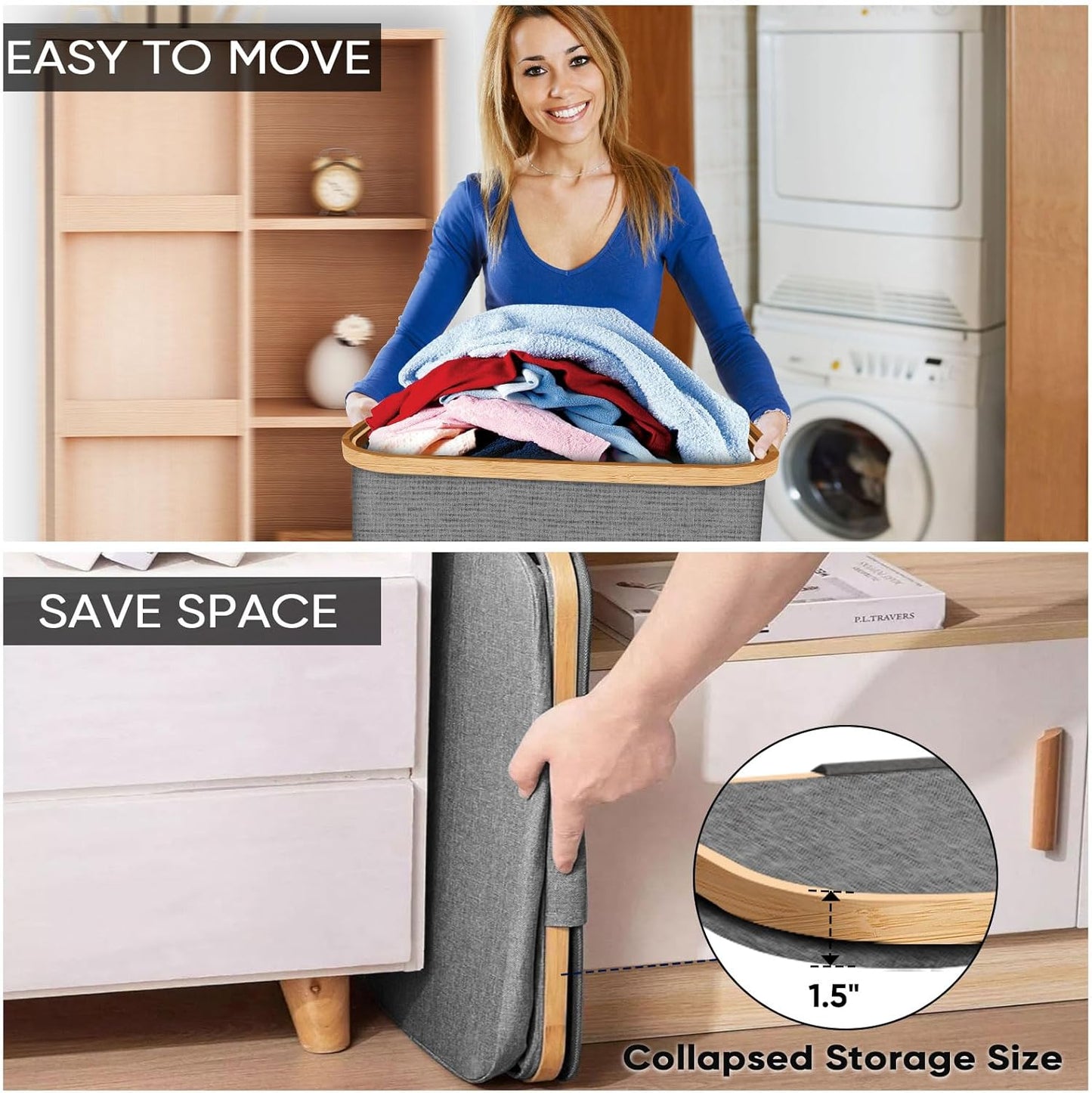 BALEINE Laundry Hamper with Lid, Tall Laundry Baskets with Bamboo Pull Handles, Large Laundry Bin with Internal Support (18 Gal/70L, Grey)