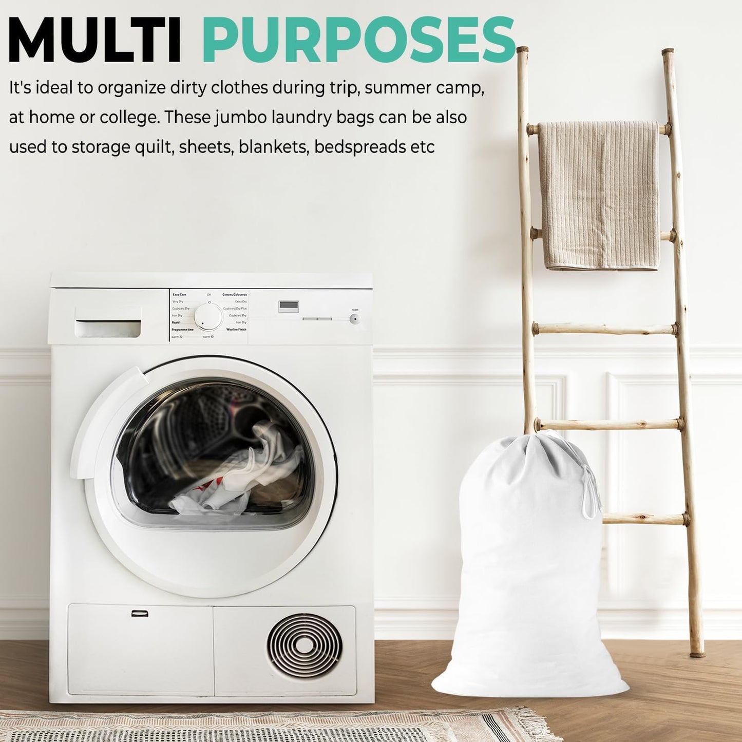 2 Pack - Extra Large Cotton Laundry Bag, Heavy Duty Large Laundry Bags 24 x 36 inch XL Drawstring Travel Organizer Bag Fit Hamper Basket Camp (WHITE, Pack of 2)