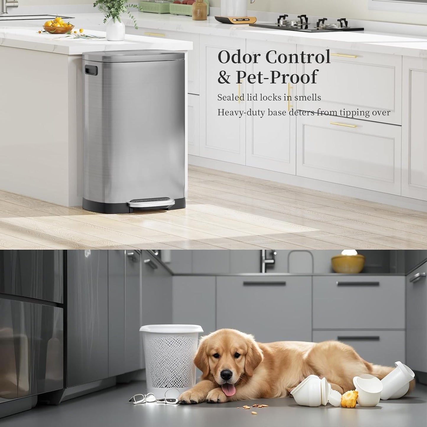 13 Gallon Trash Can with Lid, 50L Fingerprint Proof Stainless Steel Kitchen Trash Can with Removable Inner Bucket and Lid Soft Close, Pedal Rubbish Bin for Home Office(Silver)