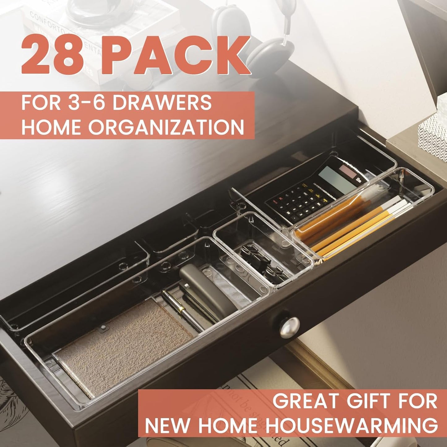 Large Clear Plastic Drawer Organizer 28 Pack - 5 Sizes (XL to small) Acrylic Drawer Organizer Trays for Kitchen Utensils, Gadgets, Bathroom, Vanity and Makeup, Office - Everything Can Be Organized!