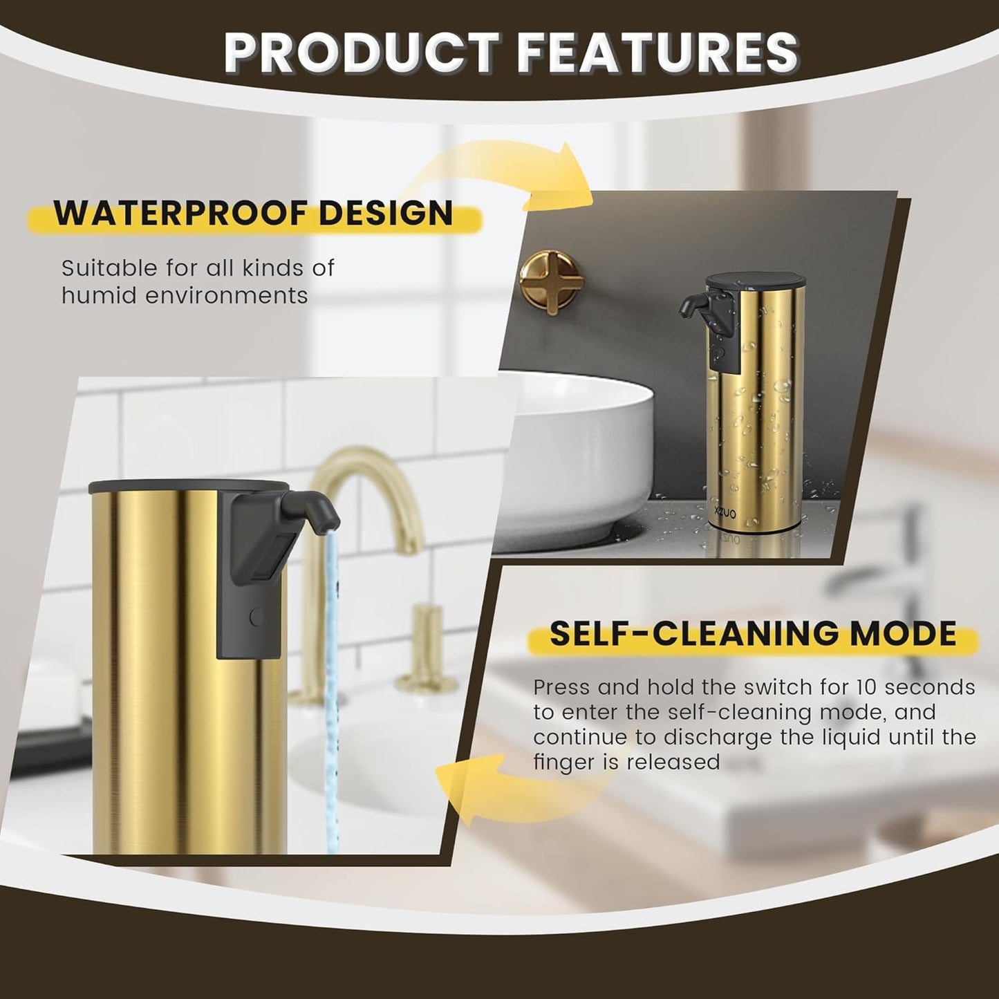Automatic Soap Dispenser Touchless 11.8oz/350ml Four-Level Adjustable Dispenser Volume,Stainless Steel Material,Battery Powered for Wide Compatibility in Kitchen, Bathroom, Hotel & Office (Gold)