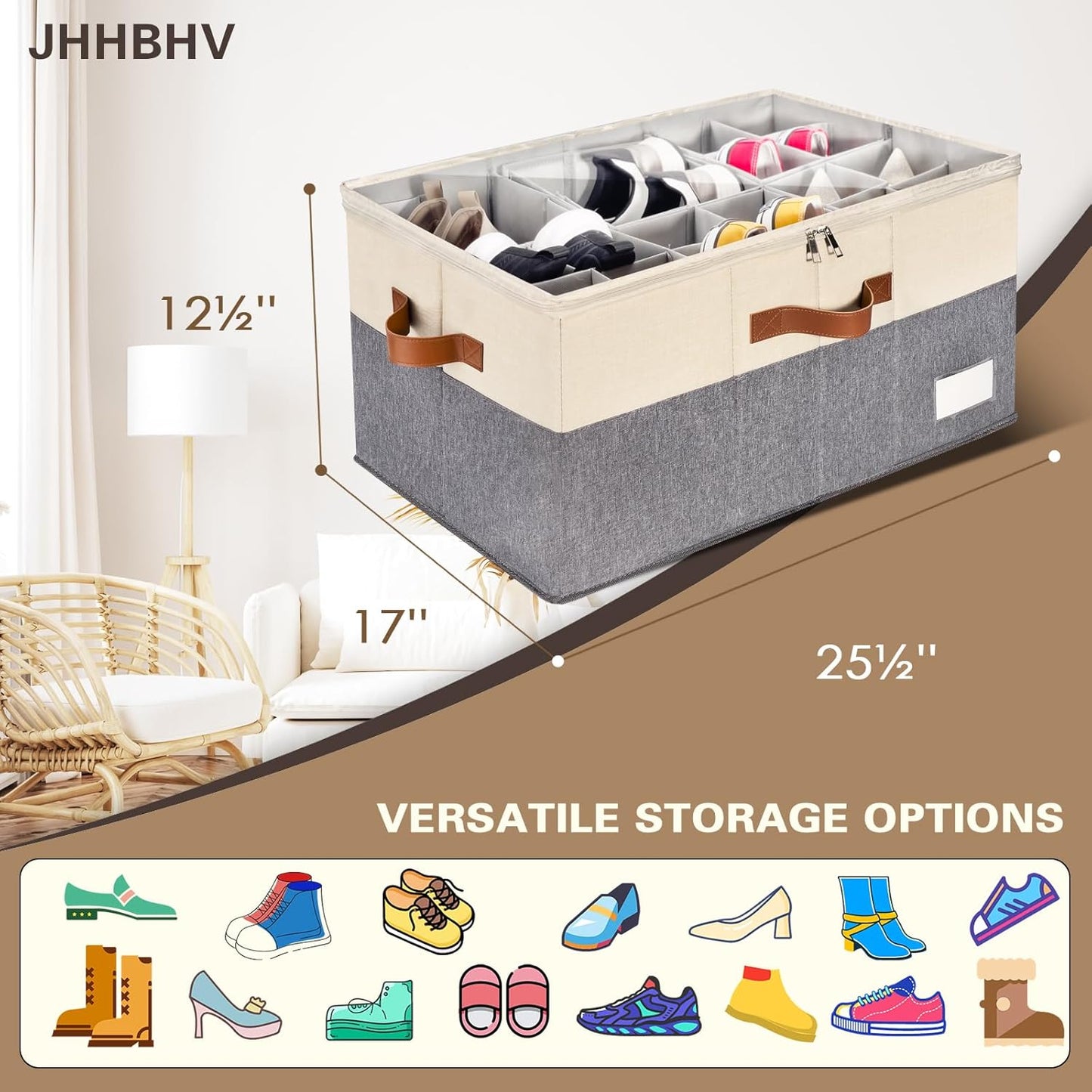 2 Pack Shoe Organizer for Closet, Adjustable Shoe Box Storage Containers, Large Foldable Shoe Bins with Clear Cover, Space Saving Shoes Holder with 4 Handles, Fits 24-48 Pairs, Beige