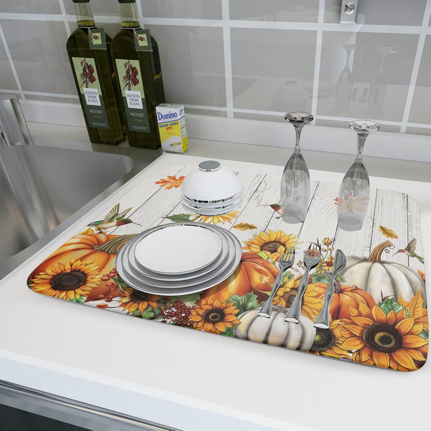 Fall Sunflower Maple Leaves Dish Drying Mat for Kitchen Counter Autumn Harvest Pumpkin Dish Drying Mat 16”x18” Thanksgiving Dishes Pad Dish Drainer Rack Mats Absorbent Fast Dry Kitchen Accessories