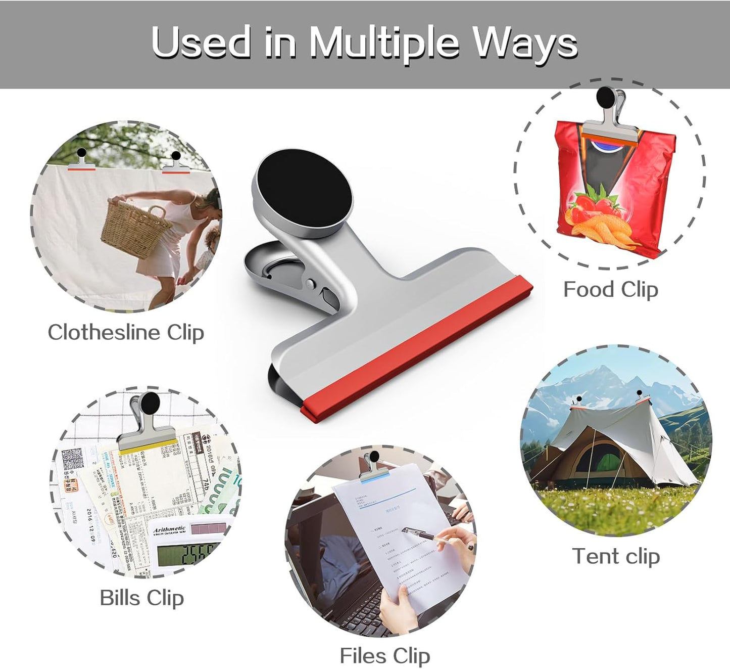 HOUSE AGAIN 8 Pack Stainless Steel Magnetic Chip Bag Clips Covered with Silicone - NO More Sharp Edges - Color Coded for Food Bags - Hang Postcards Heavy Duty for Kitchen and Office, 3 Inches Wide