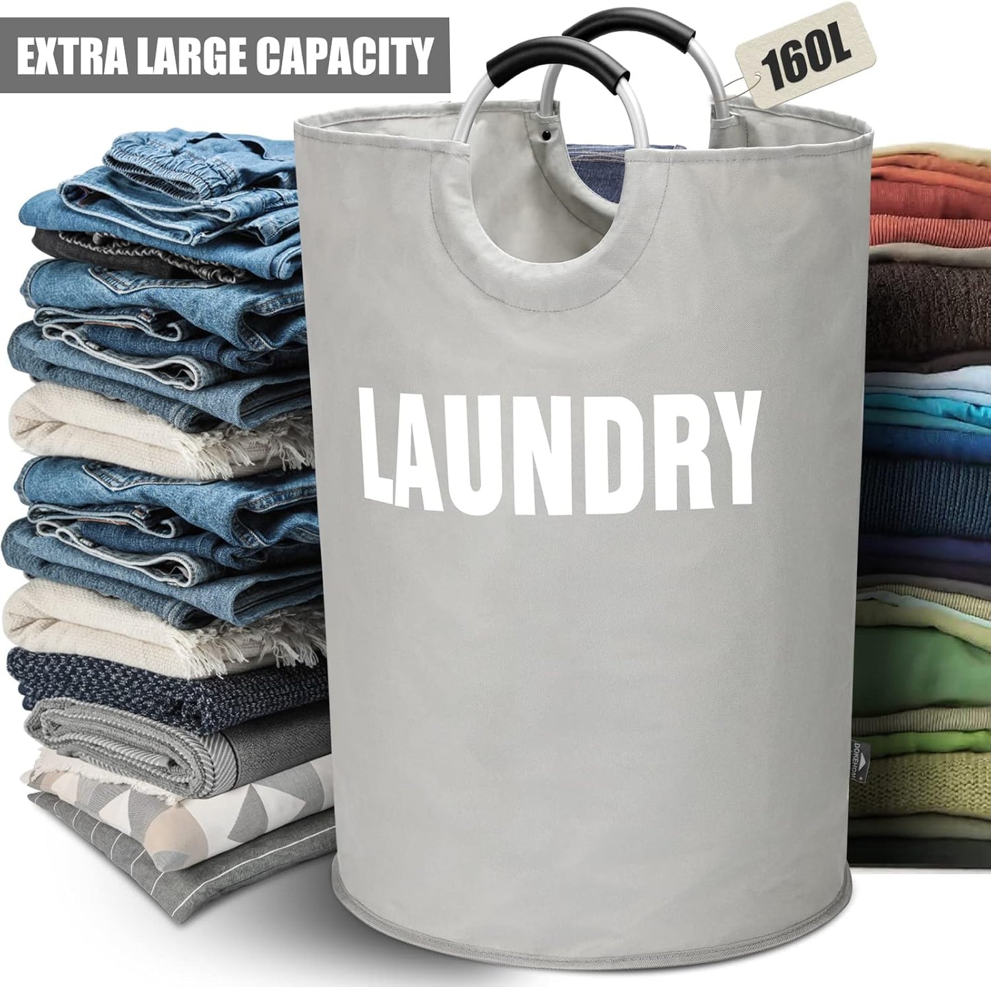 DOKEHOM 160L XX-Large Laundry Basket (7 Colors), Collapsible Laundry Bag, Foldable Laundry Hamper, Folding Washing Bin (Grey, XXL)