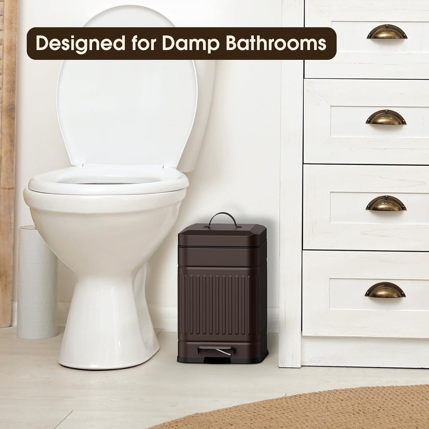 CEROELDA Small Trash Can with Lid-5L/1.3 Gal,Stainless Steel Outdoor Dog Poop Garbage Can-Farmhouse Retro Metal Waste Bin w/Step Pedal for Bathroom Bedroom Office-Soft Close-Brown