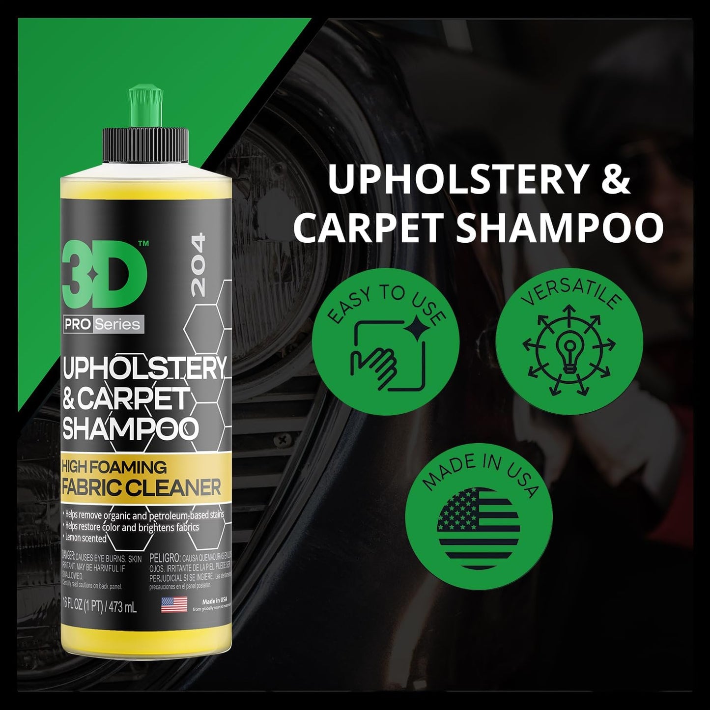 3D Upholstery & Carpet Shampoo - High Foam Stain Remover & Odor Eliminator Shampoo 16oz.